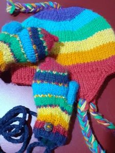Rainbow hat and mitten knit lined set. 10 m to 2 yrs